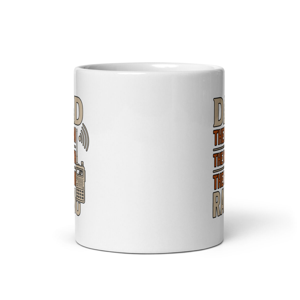 White mug with radio-themed design