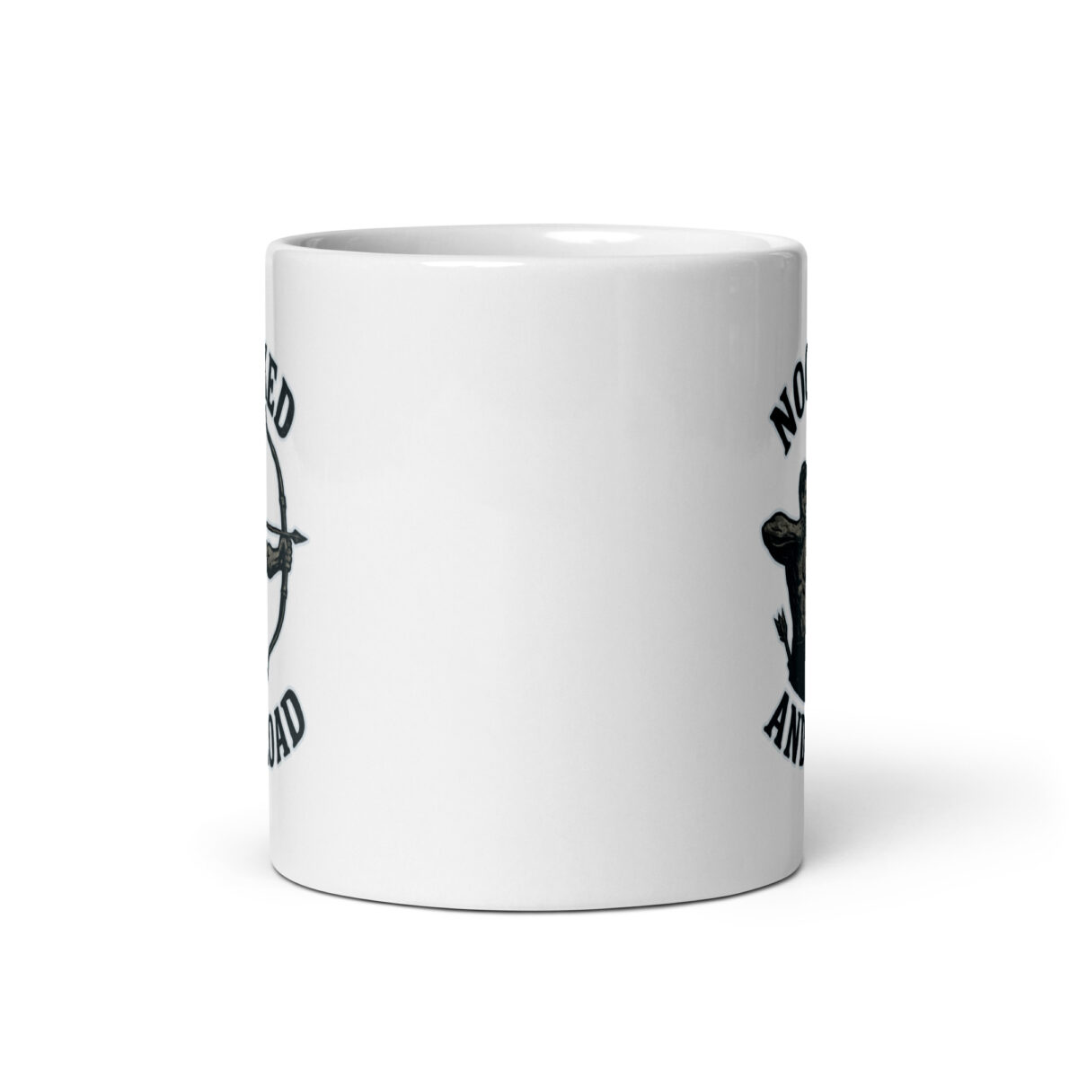 White mug with printed rifle and text design
