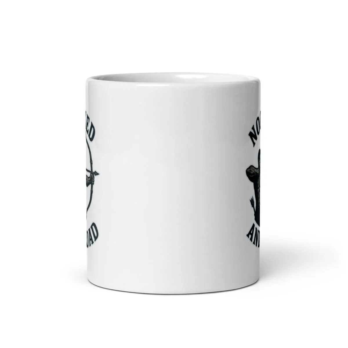 White mug with printed rifle and text design