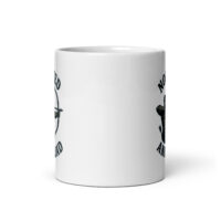 White mug with printed rifle and text design