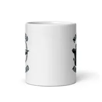 White mug with printed rifle and text design
