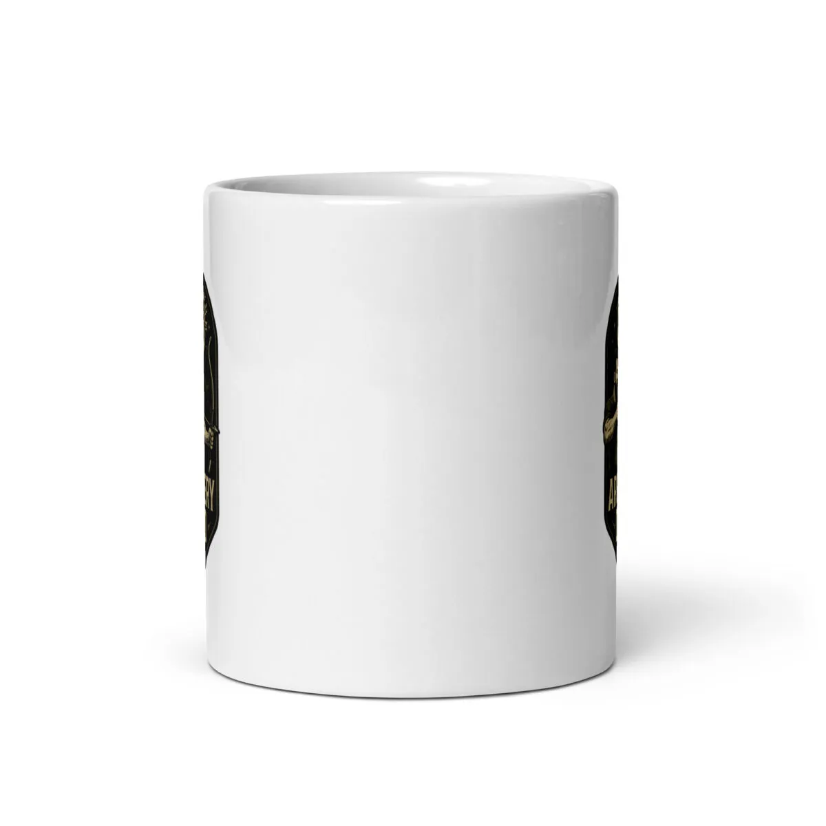 White mug with partial black and gold design