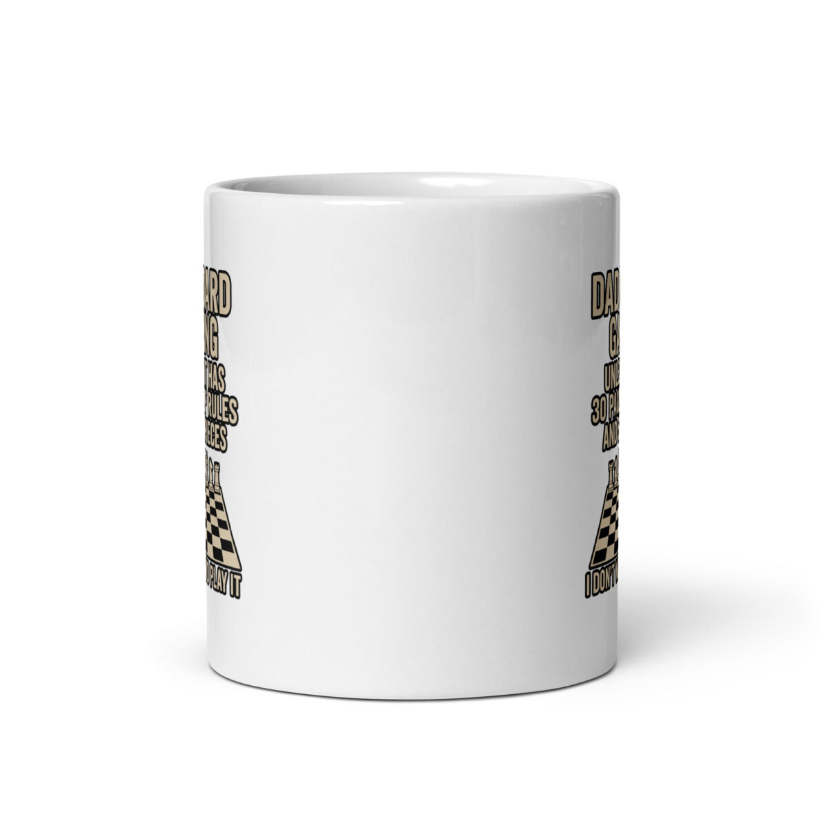 White mug with text and chessboard graphic.