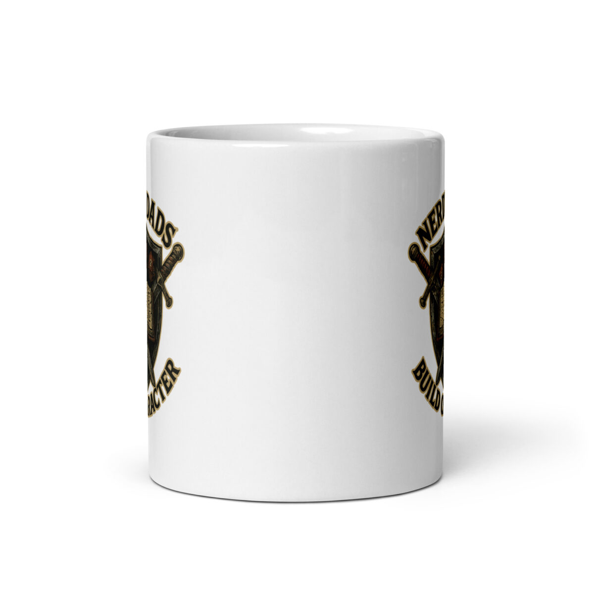 White mug with sword-themed graphic design