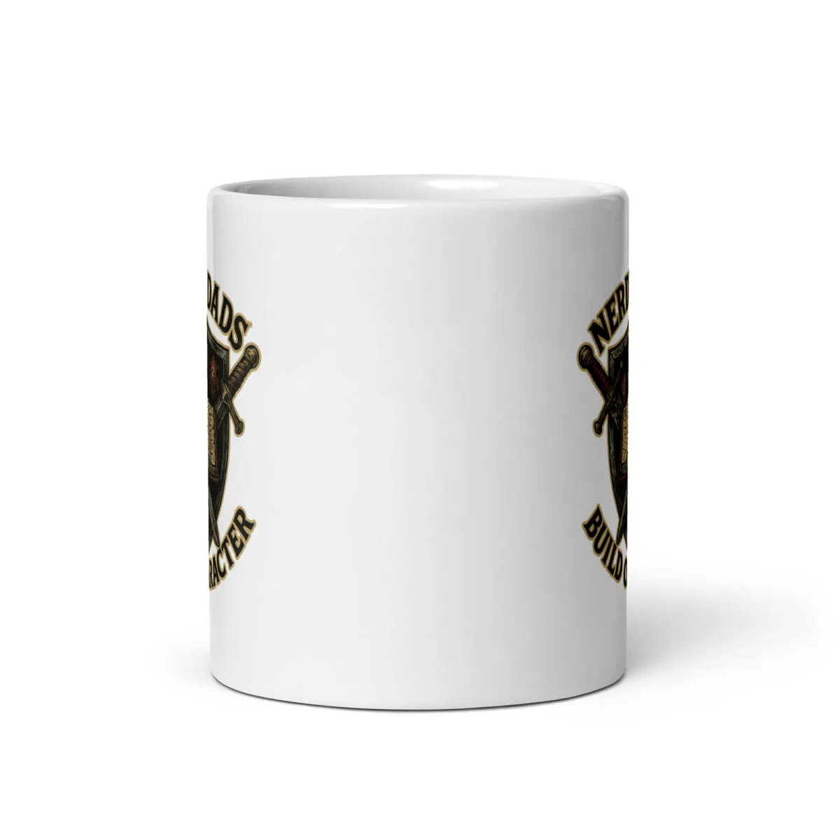 White mug with sword-themed graphic design