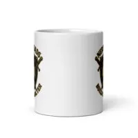 White mug with sword-themed graphic design