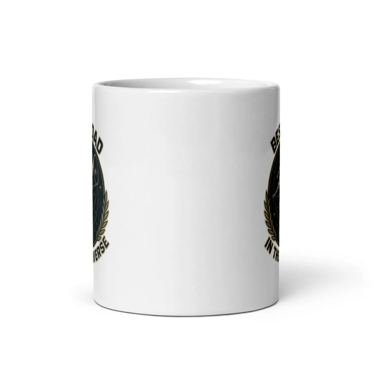 White mug with circular black design decal.
