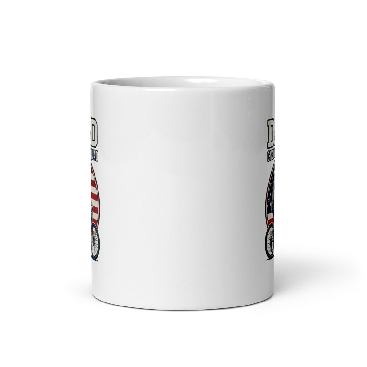 White mug with bicycle design and USA flag