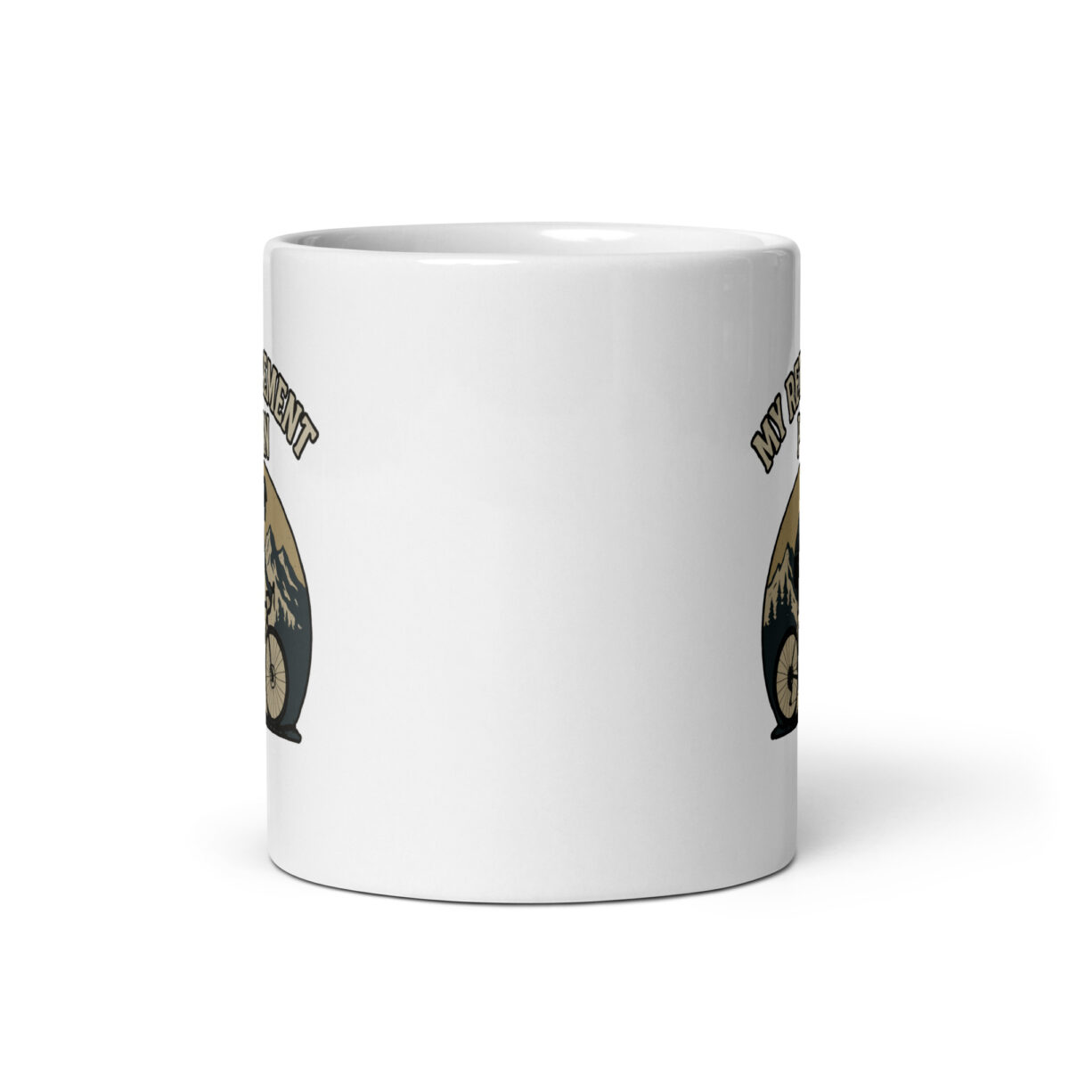 White ceramic mug with biking logo design.