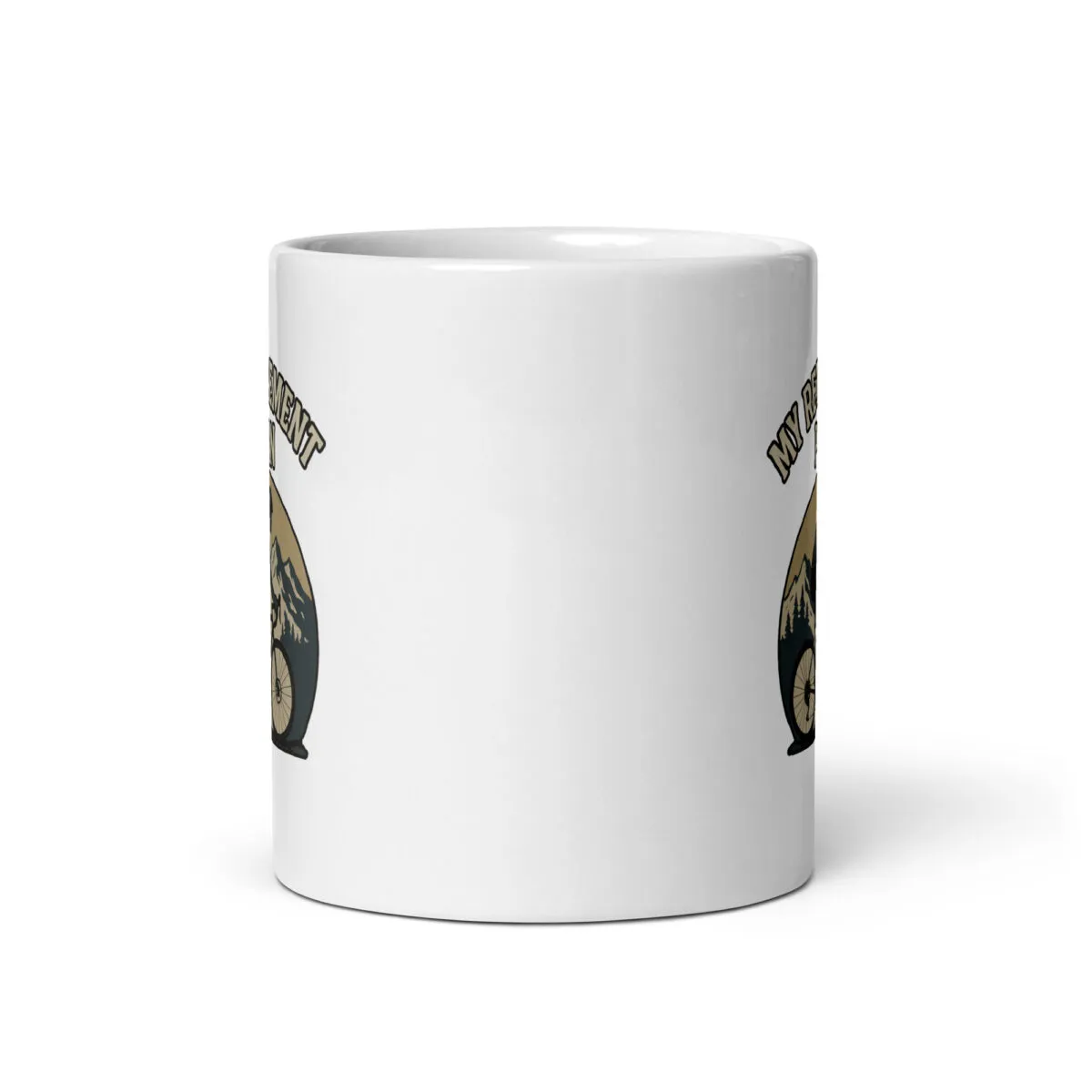 White ceramic mug with biking logo design.