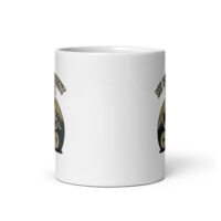 White ceramic mug with biking logo design.