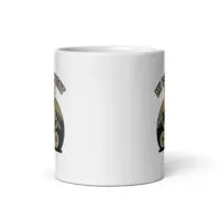 White ceramic mug with biking logo design.