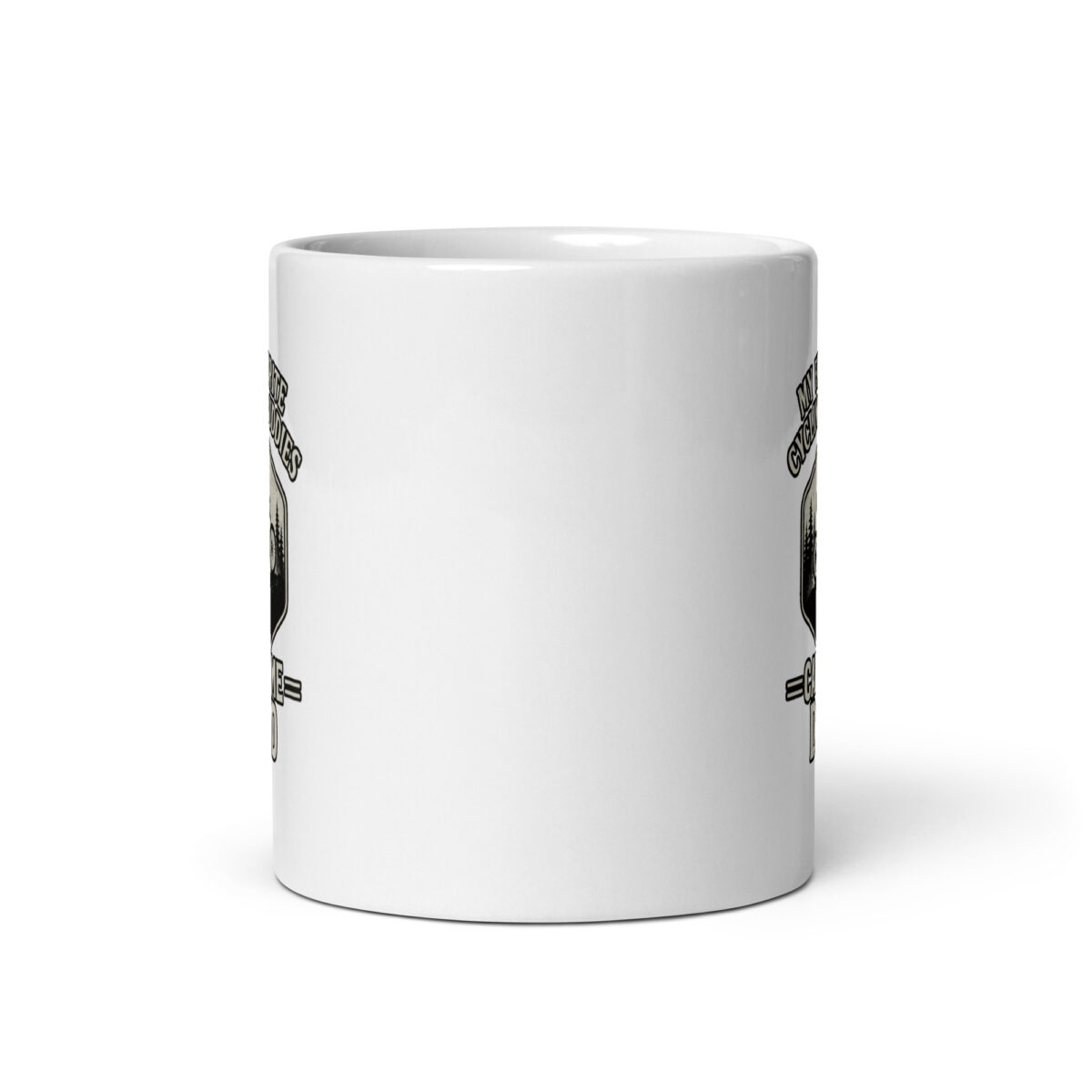 White coffee mug with black design