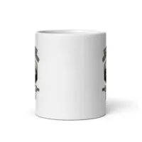 White coffee mug with black design