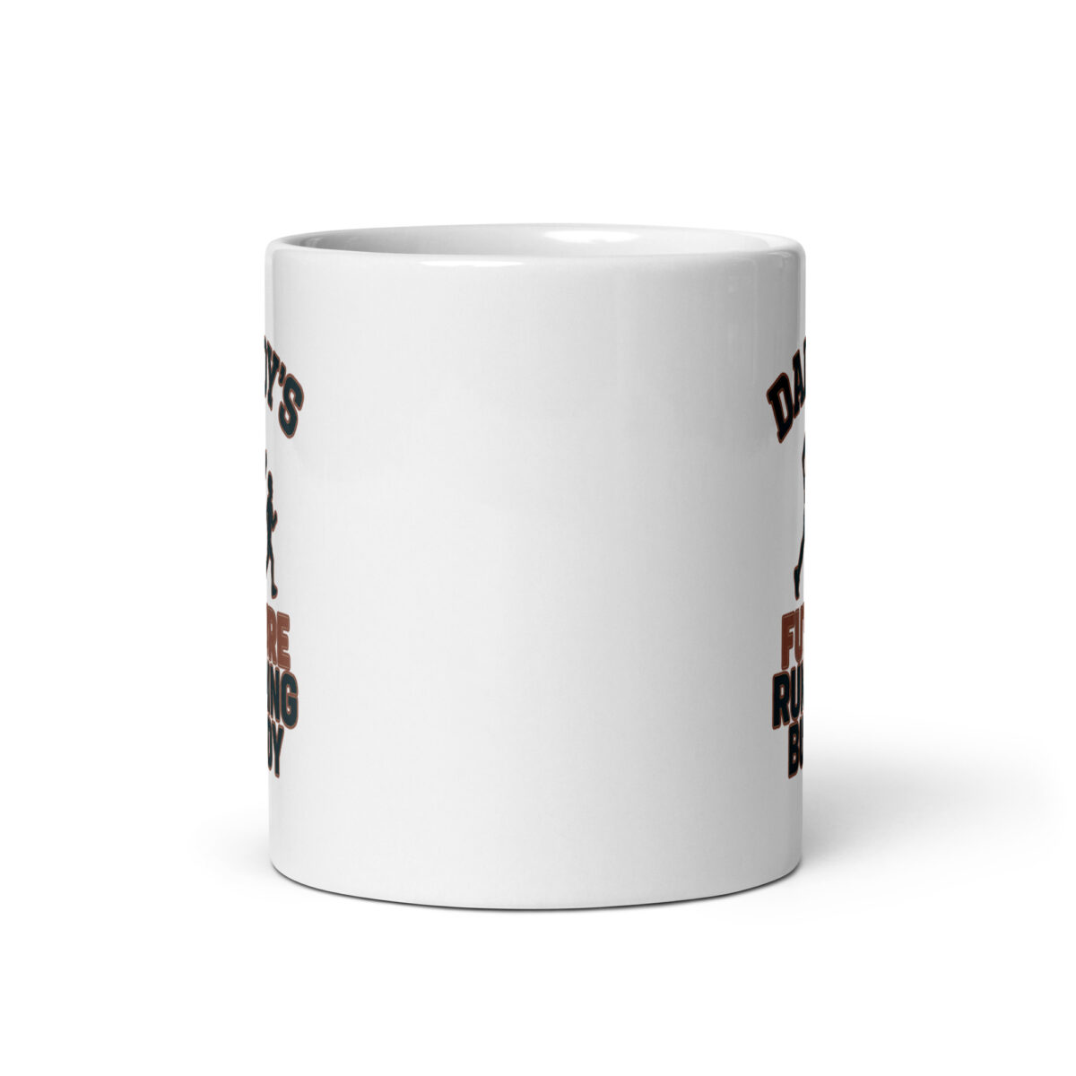 White coffee mug with humorous text design.