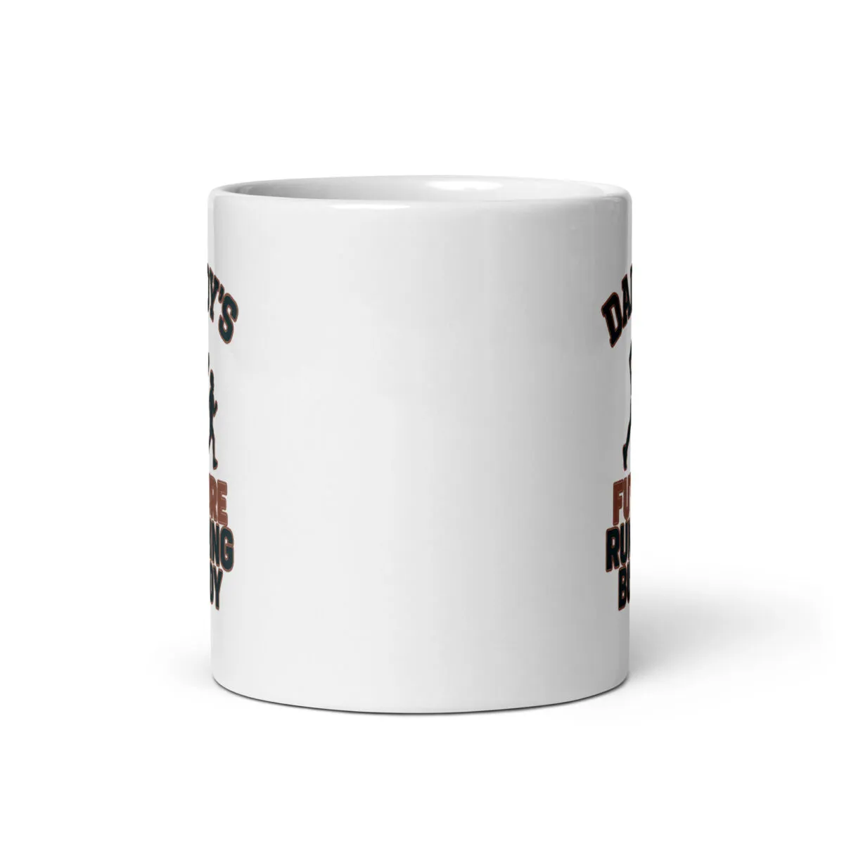 White coffee mug with humorous text design.