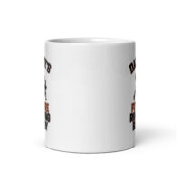White coffee mug with humorous text design.