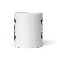 White coffee mug with humorous text design.