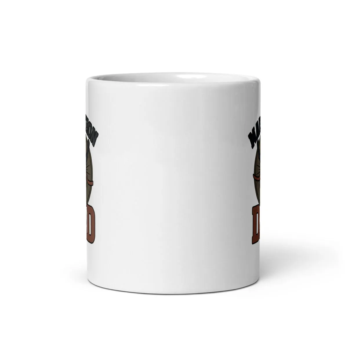 White mug with partial graphic design