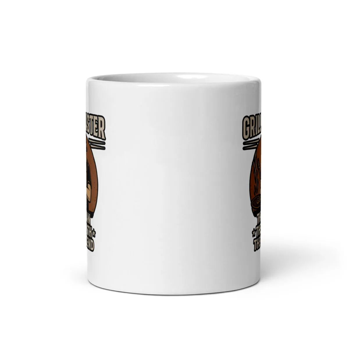 White mug with cartoon grillmaster design