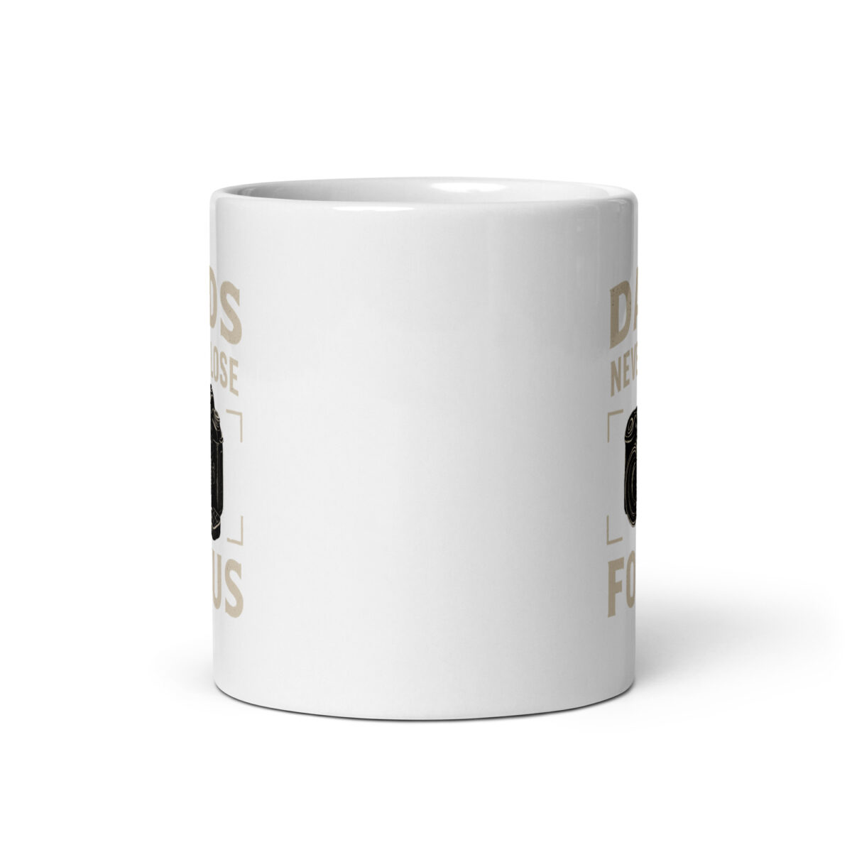 White mug with camera illustration and text