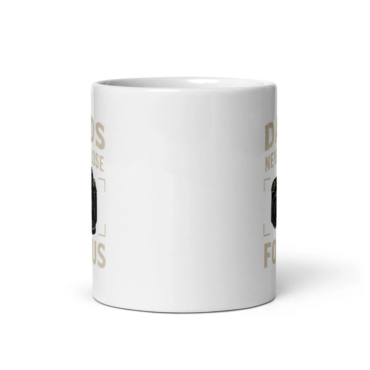 White mug with camera illustration and text