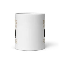 White mug with camera illustration and text