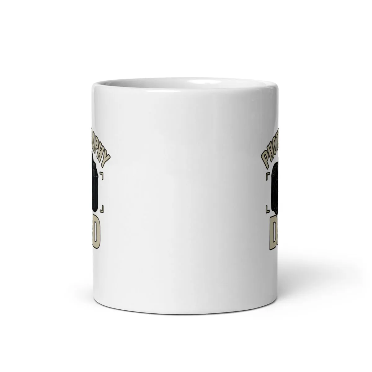 White mug with camera design and text
