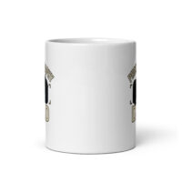 White mug with camera design and text