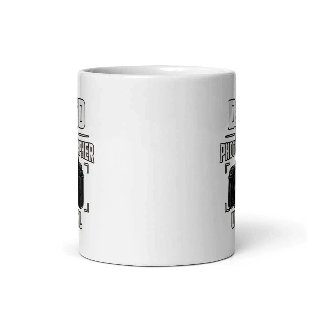 White mug with photographer-themed design