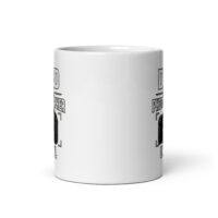 White mug with photographer-themed design