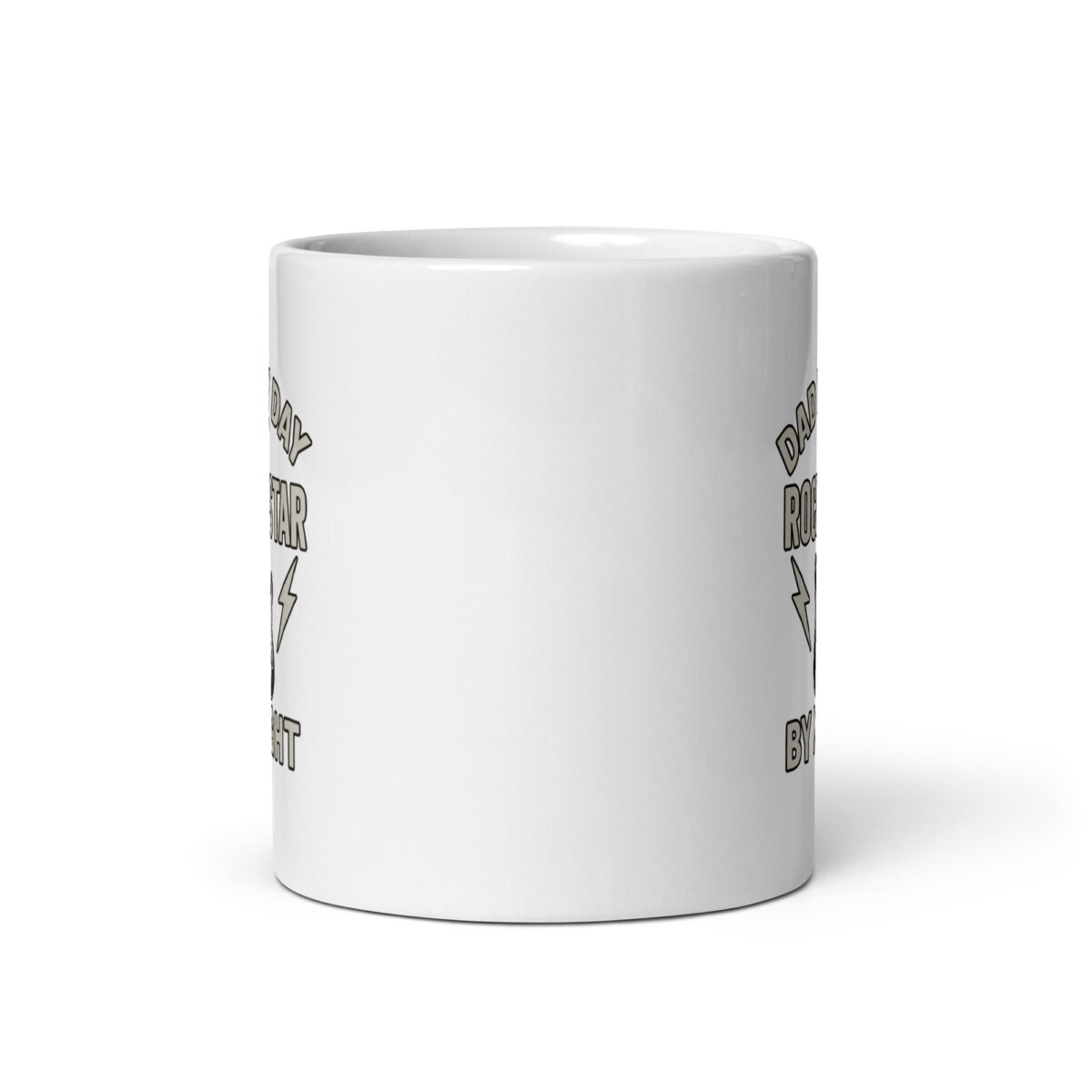 White mug with lightning bolt, rockstar design