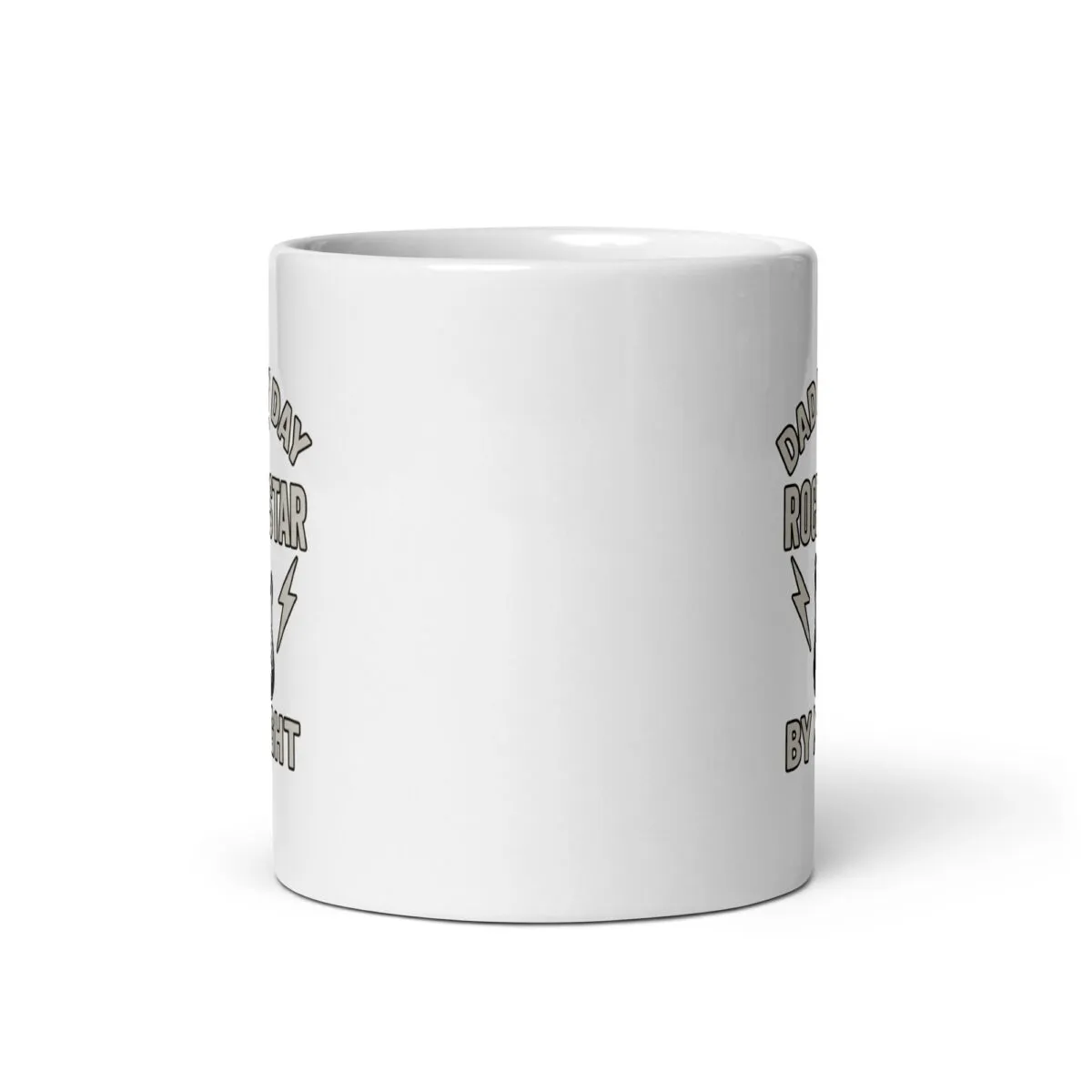 White mug with lightning bolt, rockstar design
