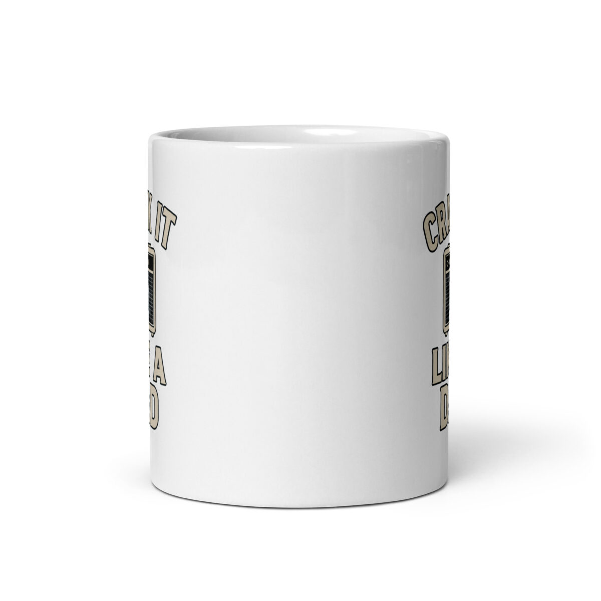 White mug with humorous text and graphics