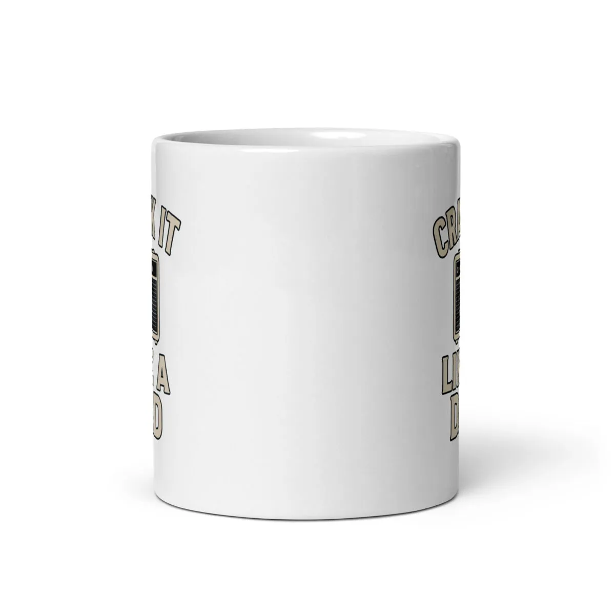 White mug with humorous text and graphics