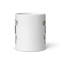 White mug with humorous text and graphics