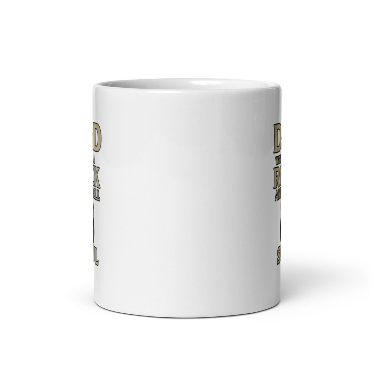 White mug with partial text design.