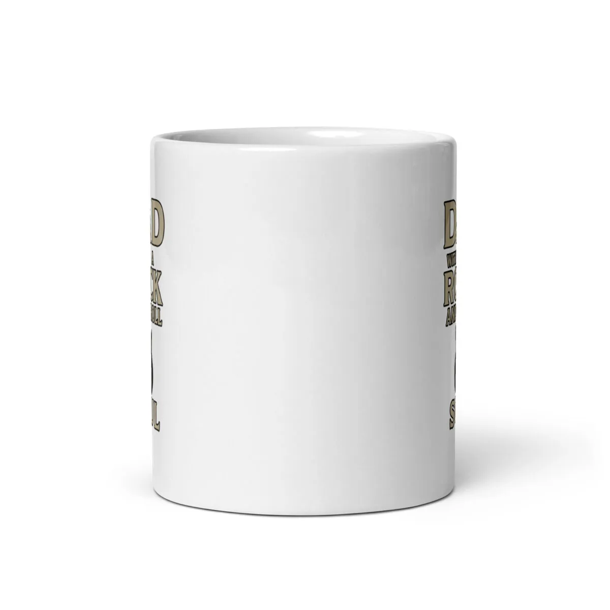 White mug with partial text design.