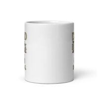 White mug with partial text design.