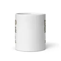 White mug with partial text design.