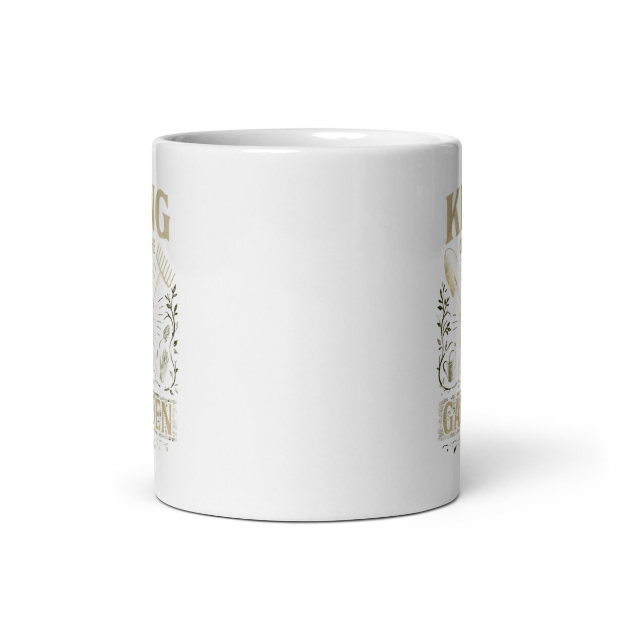 White mug with gardening-themed design