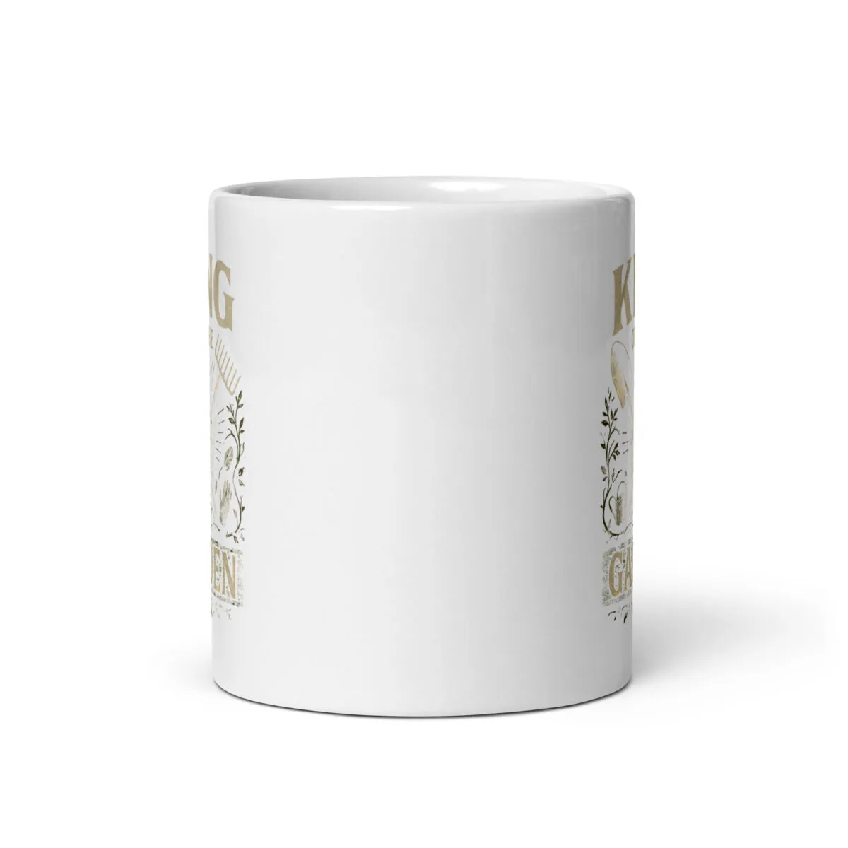 White mug with gardening-themed design