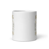 White mug with gardening-themed design