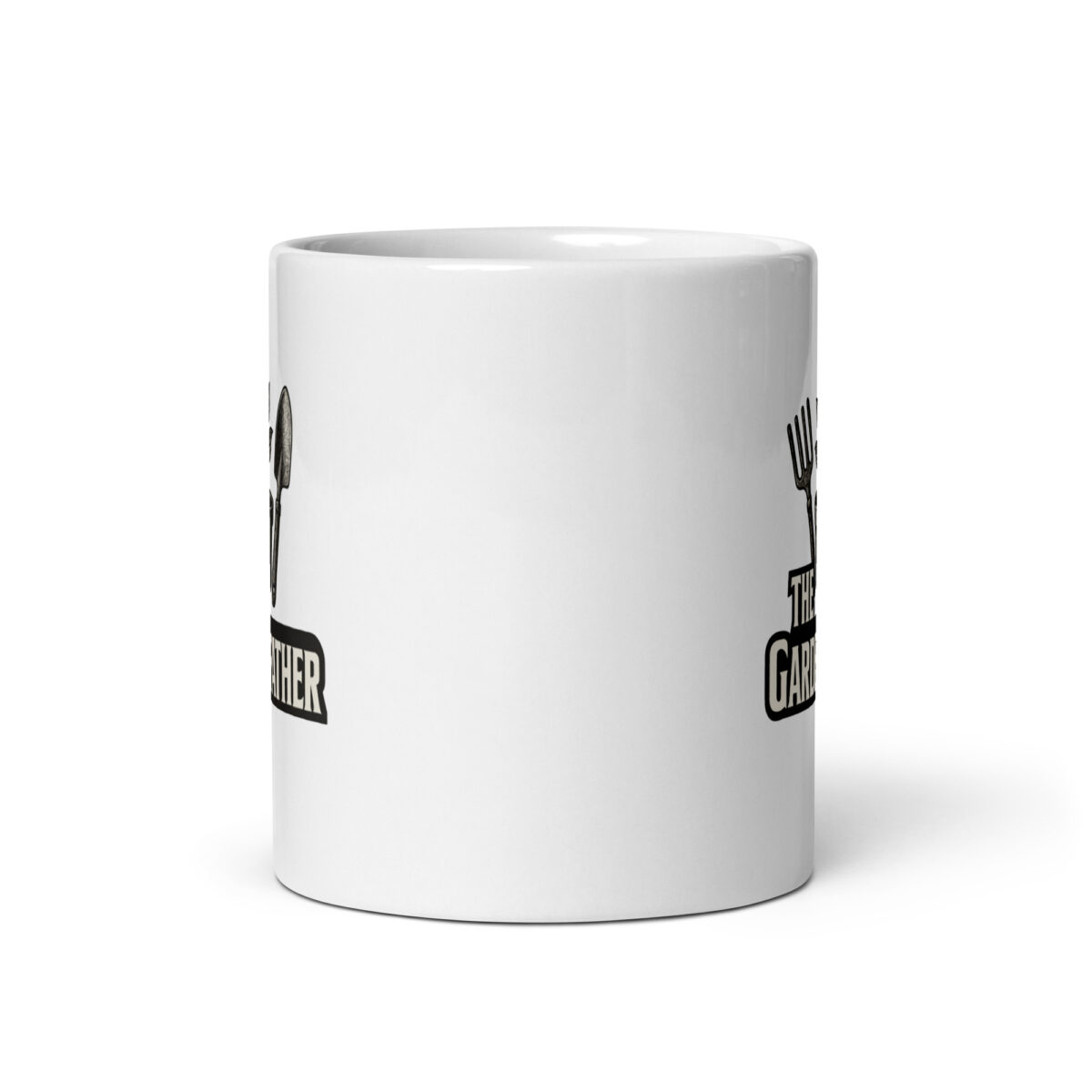 White mug with gardening-themed design