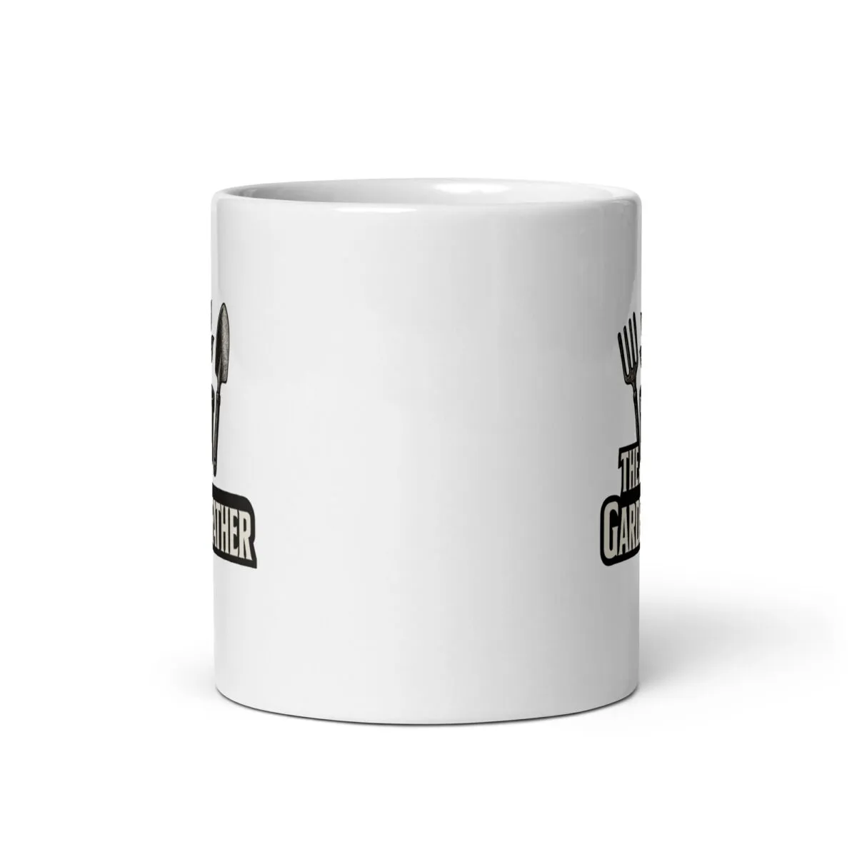 White mug with gardening-themed design
