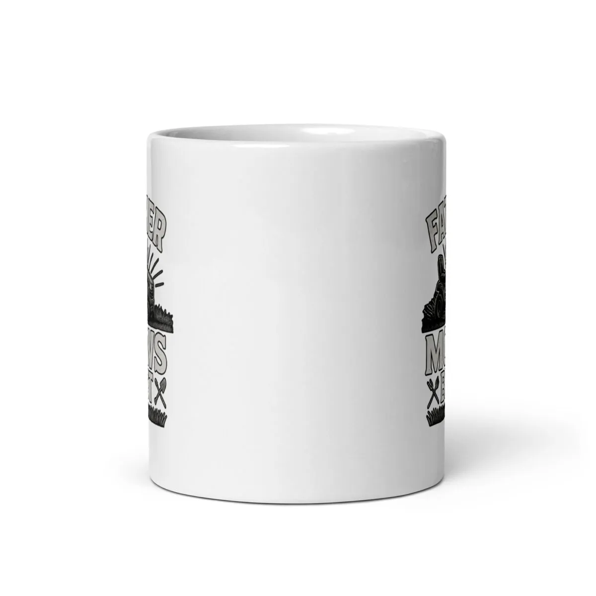White mug with farmer graphics and text