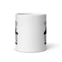 White mug with farmer graphics and text