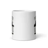 White mug with farmer graphics and text