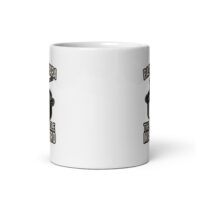 White ceramic mug with black text and graphics.