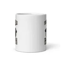 White ceramic mug with black text and graphics.